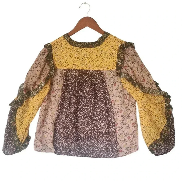 Ulla Johnson Norma Blouse Women's Multicolor Sheer Floral Patchwork Ruffle Boho - Picture 4 of 11